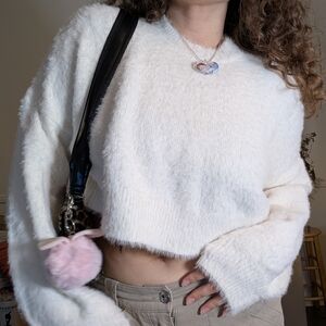 Missguided Fuzzy Cropped Crew Neck Sweater - Cream